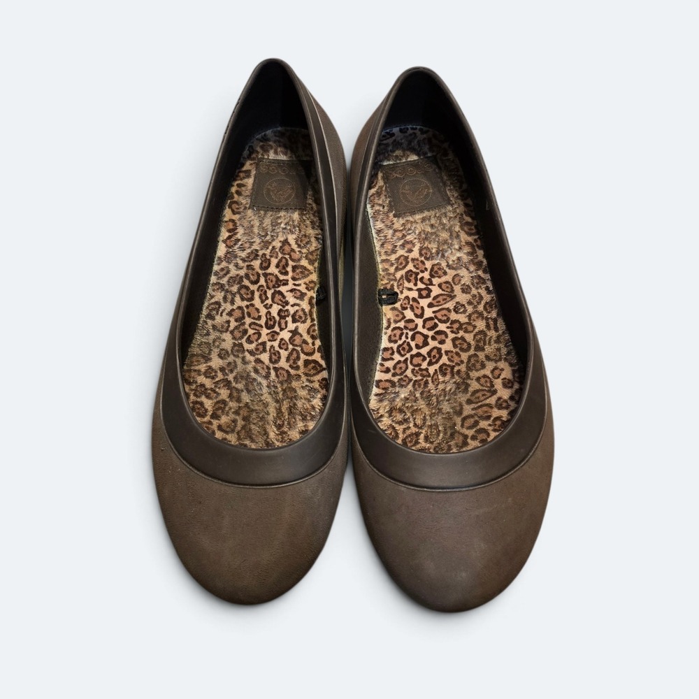 Crocs Alice Work Flats Brown Faux Fur Leopard Print Lining Womens Size 9
